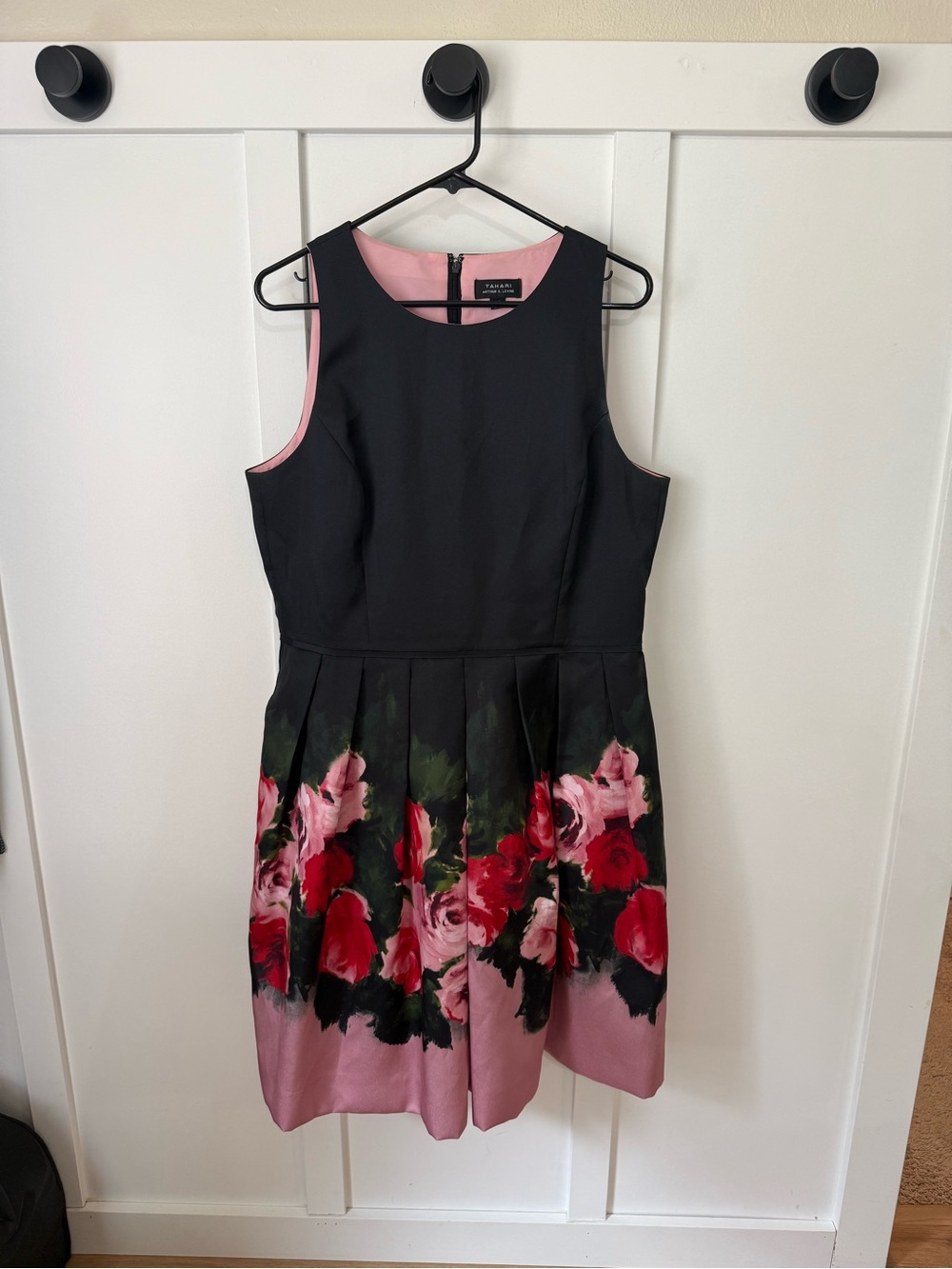 Tahari ASL Black Dress with Pink Floral Skirt